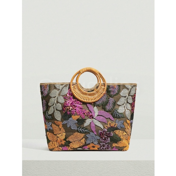 Sequined Floral Decorated Straw Tote Bag Bamboo Handle - Picture 7 of 13